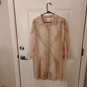 Chico's Beige and Brown Patterned Sheer Boho Bliss Brigette Long Shirt Top.